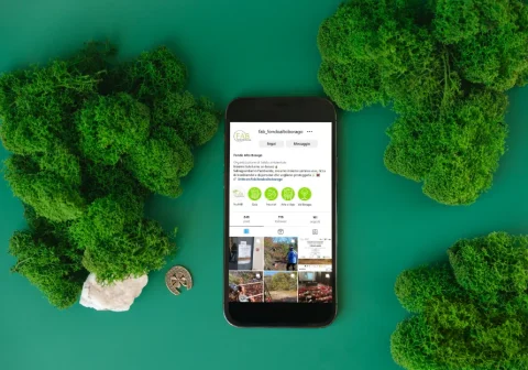 Sfondo verde con muschio e in mezzo uno smartphone illustra l'immagine del profilo social di Fondo Alto Borago